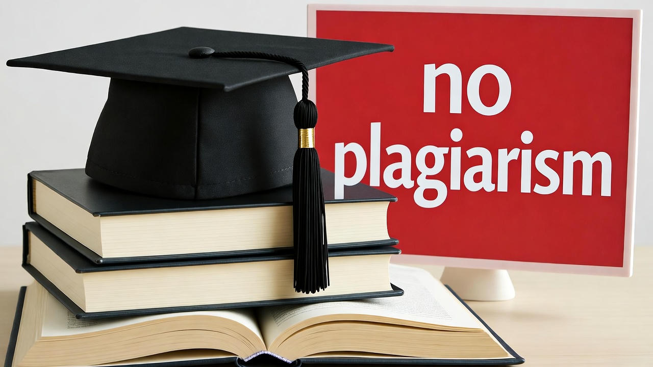 Stack of books with a graduation cap and a red sign reading 'No Plagiarism', symbolizing academic integrity and originality in education.